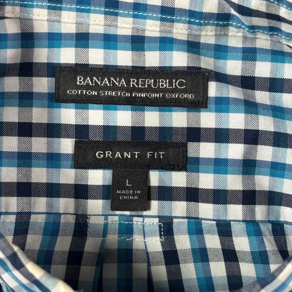 Banana Republic Grant Fit Mens L Blue Gingham Cotton Stretch Oxford Shirt